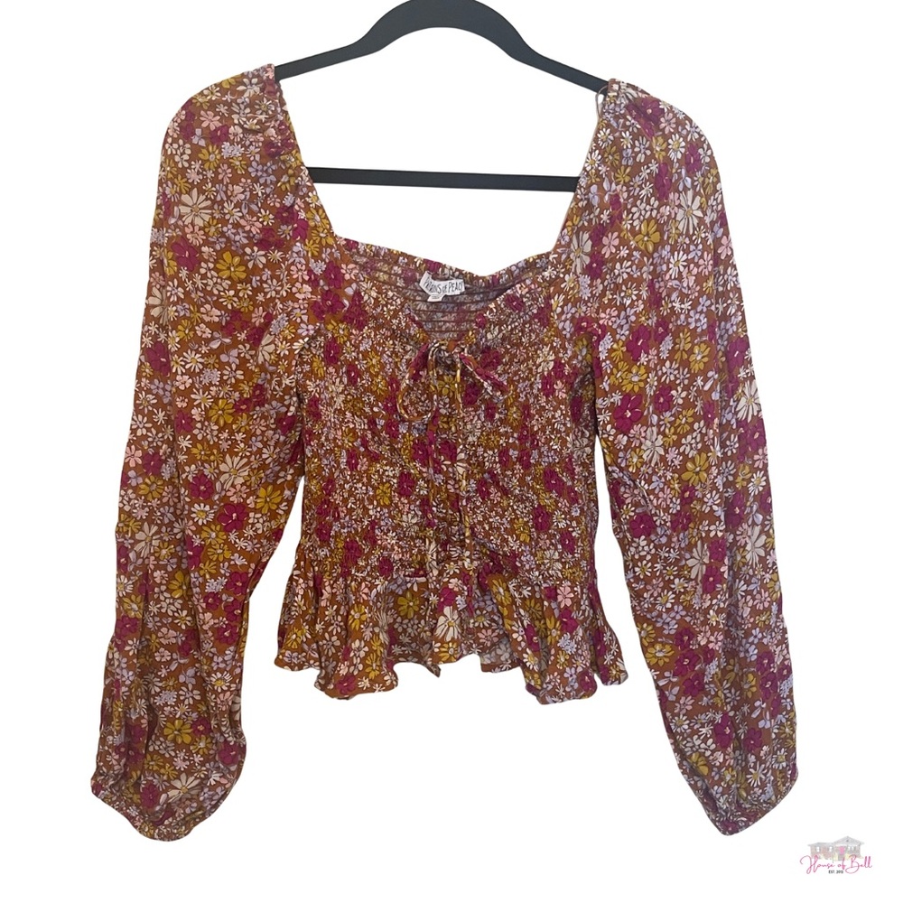 Boho Smocked Floral Peasant Blouse Long Sleeve Peplum Top 70s Vibe